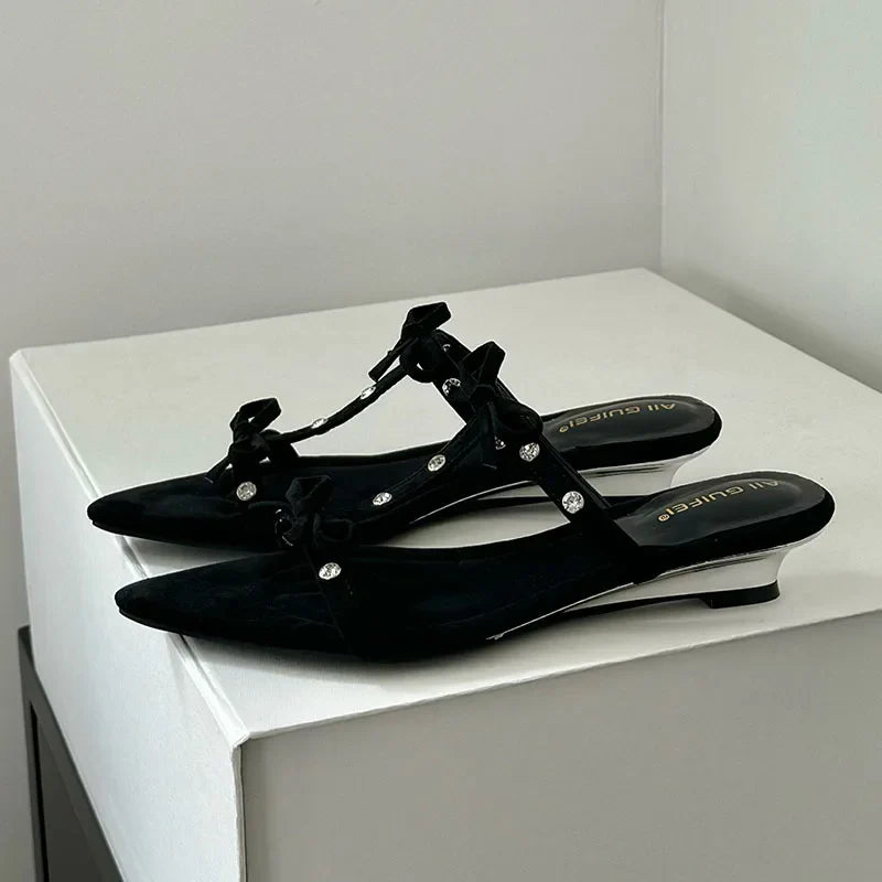 Footwear Pointed Toe Wedges Slippers Slides Butterfly-Knot Heeled Sandals